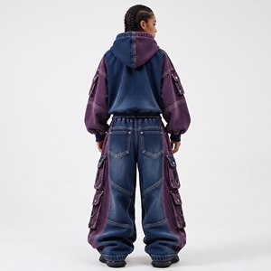 <b>Womens</b> Oversized Denim Hoodie Tracksuit Set <b>Baggy</b> Cargo <b>Jeans</b> Streetwear Acid Wash Custom Clothing Manufacturer - Product Image 2