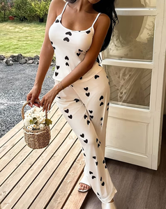 Women Casual Heart Print Spaghetti Strap Full-Length Pajama Set Soft Knitted Machine-Washable Sleepwear Lounge Jumpsuit Elastic - Product Image 5