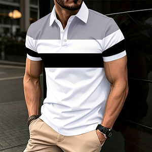 Camisas Polo Blancas para Hombre, con Bloques de Color, Rayas, Manga Corta, Cuello Negro, Algodón y Poliéster, Casuales, de Verano, Clásicas, al por Mayor - Product Image 6