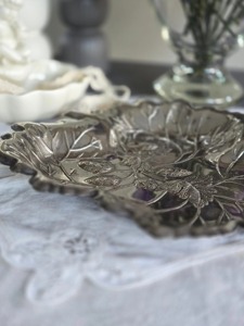 Silver Leaf Shape Embossed Metal <b>Tray</b> With Floral Design Decorative Serving Plate Suitable For <b>Snacks</b> Dry Fruits And Table Decor - Product Image 6