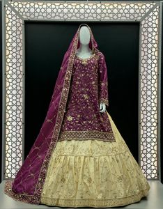 Elegant Plum Net Farshi Sharara Set Heavy <b>Gold</b> Zari Floral Embroidery for Gharara Floor-Length Traditional Wedding Diwali - Product Image 2