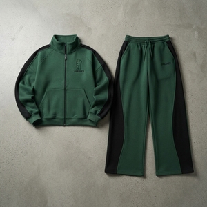 <b>Women's</b> Dark Green <b>White</b> Zip Hoodie Tracksuit Set Color Block Panel Design Oversized <b>Jogger</b> Pants Streetwear - Product Image 1