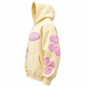 Sweat-shirt unisexe décontracté jaune clair à fermeture éclair en molleton bouclette, coupe oversize, avec poche kangourou, appliqué fleur et patch lettre - Product Image 6