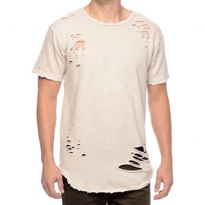 เสื้อยืดโอเวอร์ไซส์สีเบจขาดๆ สำหรับผู้ชาย แขนสั้น คอกลม สไตล์สตรีท ผ้าถัก คอตตอน - Product Image 1