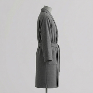 Bata de hombre gris de punto gofrado, manga larga, algodón suave con cinturón y bolsillos, sexy, ecológica, para parejas, de secado rápido, informal, para otoño - Product Image 2