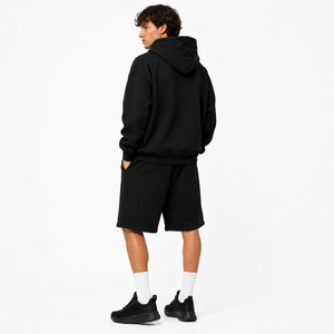 Men's Black Hoodie And Shorts <b>Set</b> Solid Color Fleece Casual Wear Summer Outfit <b>Knitted</b> Fabric Hooded Sweatshirt With Kangaroo - Product Image 4