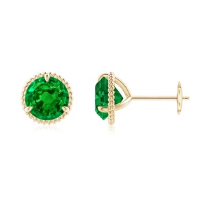 14K Yellow Gold Round Cut Emerald Stud <b>Earrings</b> Vintage Milgrain Halo Basket Setting <b>Fine</b> Jewelry for Women Gift for Her - Product Image 1