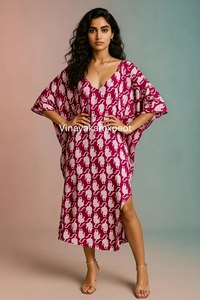 Vibrante Vestido Kaftan Magenta con Estampado de Leopardo, Elegante Escote en V, Mangas Estilo Kimono, Algodón Transpirable de Primera Calidad, Cintura Alta Asimétrica - Product Image 4