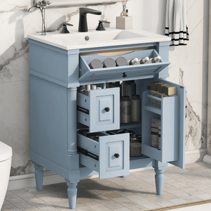 Mobile Bagno Freestanding da 24 Pollici con Lavabo, Grigio Blu, in Legno Massello di Gomma, con Cassetto a Ribalta e Ripiano Regolabile, Struttura in Legno Massello - Product Image 4