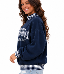 Sudadera de cuello alto para mujer al por mayor, personalizada, con apliques de letras, a cuadros, con bloques de color, estilo oversize vintage - Product Image 2