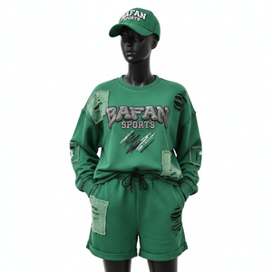 Ensemble sweat-shirt et short en coton brossé de haute qualité 100% coton et polyester, vert, avec logo brodé, pour femmes - Product Image 6