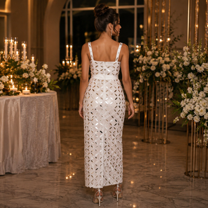 Luxury White Geometric Mirror Work Midi Dress for Women | Premium Designer Party Wear Dress for Events & Fashion Occasions dress - Product Image 2