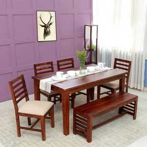 Sustainable Hardwood <b>Dining</b> <b>Set</b> 6 Seater Rectangular <b>Table</b> with Cushioned Seats and <b>Bench</b> Modern Farmhouse Style Wood Furniture - Product Image 2