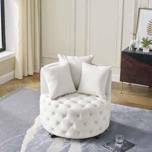 Poltrona Girevole in Velluto con Design Trapuntato a Bottoni e Ruote Mobili, Set per Soggiorno con 3 Cuscini Beige - Product Image 2