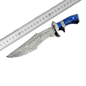 Couteau Bowie multifonctionnel de style Damas, fabriqué à la main, lame fixe, couteau utilitaire pour le camping en plein air, manche en bois bleu, étui en cuir - Product Image 6