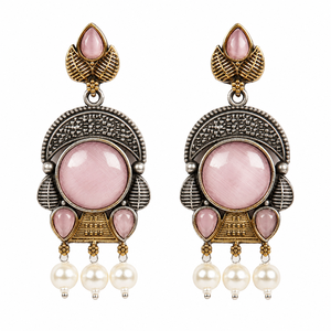 Pendientes Colgantes de Flor Chapados en Oro Antiguo y Plata Oxidada con Gema Rosa Engastada en Bisel para Mujer, Joyería Bohemia, MOQ Disponible - Product Image 1