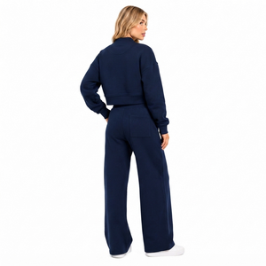 Customized Blue <b>Oversized</b> Cropped Sweatshirt Tracksuit Women Solid Heavy Fleece Loungewear Wide High Waist <b>Sweatpants</b> Wholesale - Product Image 3