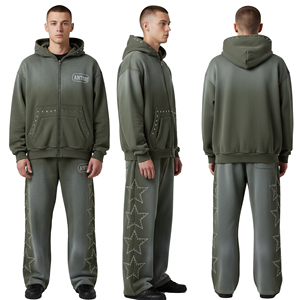 Rhinestone Custom Logo <b>Men's</b> Hooded Casual Solid Drawstring Tracksuit Vintage Jogger Set Autumn Bell Bottom Maternity Four-Way - Product Image 1