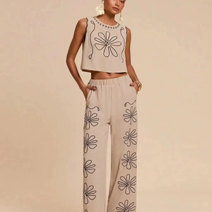 Elegant Embroidered Casual Solid Short Sleeveless Woven Chiffon Top 100% Cotton Full Length Co-Ord <b>Set</b> Women's Regular Fit - Product Image 4