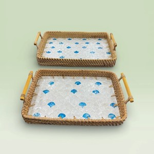 Plateau de service en rotin avec incrustations de nacre, design rustique, avec poignées, pour table basse, plateaux de service décoratifs multifonctionnels - Product Image 1