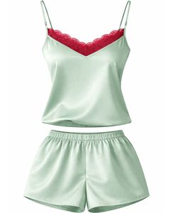 Ensemble de pyjama en satin vert menthe avec dentelle pour femme, ensemble de pyjama sexy, vêtements de nuit doux en soie, tenue de détente en deux pièces pour l'été - Product Image 1