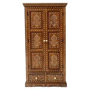 Armario de Madera de Teca Reciclada Natural Pulida, Mueble de Almacenamiento Hecho a Mano con Diseño de Incrustaciones de Hueso - Product Image 1