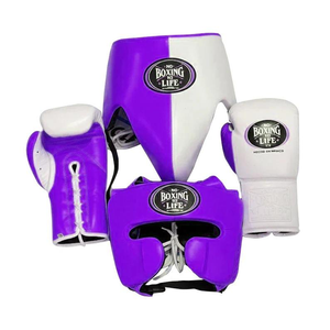 Ensemble de boxe No Boxing To Life, violet et blanc, en cuir PU, équipement de protection pour l'entraînement et le sparring, avec logo personnalisé. - Product Image 1