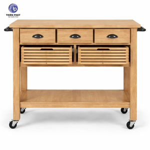 Chariot de rangement de cuisine en bois d'acacia et de chêne massif, chariot utilitaire à 3 niveaux avec roulettes, finition naturelle - Product Image 3