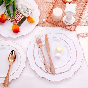 Set di stoviglie usa e getta in plastica color oro rosa da 175 pezzi, include 25 piatti piani, 25 piattini da dessert, 25 forchette, 25 kit per feste - Product Image 2