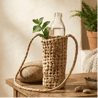 Sangle de transport pour bouteille d'eau en bambou tressé Wabi-Sabi, écologique, avec poignée d'épaule personnalisée, aspect naturel, couleur sable, style Tamil Nadu, usage quotidien