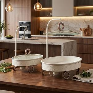 Modern Shafing <b>Dish</b> <b>With</b> Hanging <b>Glass</b> <b>Lid</b> Wooden Mop Wheels Food Display Stand for Middle East Wedding & Events Dessert Server - Product Image 1