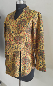 Yellow Madhubani Print Tusser Silk Overlap Jacket l Mustard Floral Printed <b>Tunic</b> Top - Product Image 5