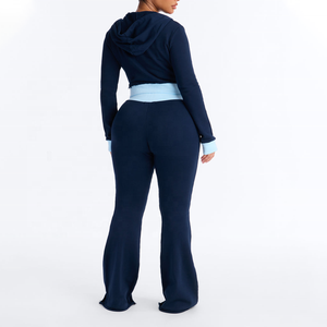 Ensemble tendance deux pièces pour femme, comprenant un sweat à capuche court zippé à manches longues coupe droite et un pantalon de sport tricoté à taille élastiquée avec cordon de serrage, effet usé - Product Image 2