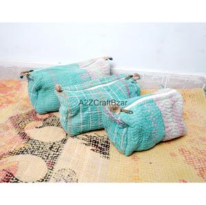 Block Print Kantha Floral Tassel Zipper Closure Eco-Friendly Durable Vintage Fashion Boho Lightweight Soft Handle Cosmetic Bag - Product Image 4