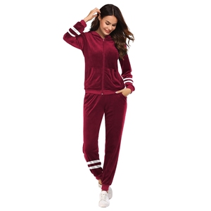 Burgundy Velvet Sweatsuit for <b>Women</b> <b>Zip</b> <b>Up</b> Hooded <b>Jacket</b> and Joggers Set Soft Two Piece Tracksuit Striped Athletic Outfit - Product Image 6