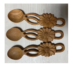 Wooden Tea Strainer Spoon Sunflower Carved Vietnam Handicraft Doussie Material Kitchenware Gift Set Bulk Export - Product Image 1