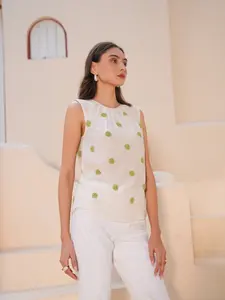 Chaleco Bordado Beige de Diseño Elegante, Top de Poliéster con Cuello Barco, Ropa Casual para el Día a Día, para el Hogar, Viajes y un Estilo Cómodo - Product Image 2