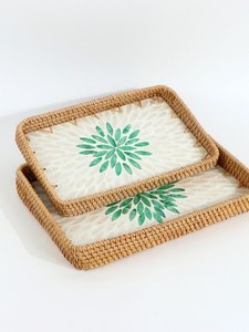 Plateau décoratif géométrique en rotin rond, incrusté de nacre turquoise de qualité supérieure, vaisselle artisanale pour service. - Product Image 5