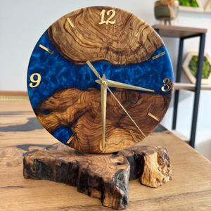 Olive Wood & Blue Resin Desk <b>Clock</b> Handmade Modern Decor - Product Image 1