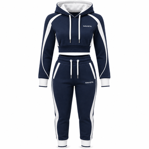 Women's Workout 100% Cotton Streetwear Long Sleeve Zip-Up Crop <b>Top</b> Hoodie Pants Breathable Winter Windproof Casual Tracksuit - Product Image 6