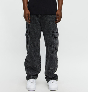 Pantalon cargo homme automne-hiver personnalisé taille mi-haute délavé tendance coupe large en jean - Product Image 1