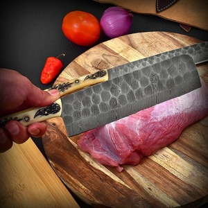Custom Handmade Durable Five-Piece Chef <b>Set</b> Ambidextrous Straight Edge <b>Sharp</b> Blades Damascus Steel Bone Handle Leather - Product Image 4