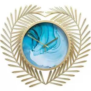 Luxury Botanical Wall Clock <b>Gold</b> Metal Leaf <b>Frame</b> with Teal Blue Resin Art Silent Timepiece for Modern Glam Living Room Decor - Product Image 1