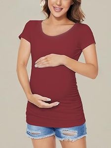 Camiseta de Maternidad para Mujer, Verano, Premamá, Corte Ajustado, Color Granate Liso, Manga Corta, Camiseta de Lactancia para Niñas - Product Image 3
