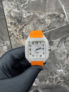 Square Moissanite <b>Watch</b> Stainless Steel Case Quartz Movement Analog Dial Orange Strap Luxury Wristwatch - Product Image 1