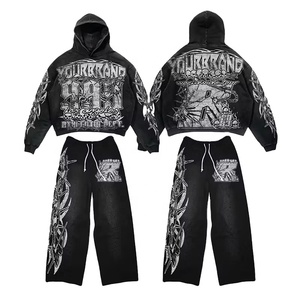 OEM survêtements personnalisés avec fermeture éclair et broderie au soleil sweatshirts avec impression bouffante sweatshirts 500GSM pullover survêtements lourds pour hommes - Product Image 1