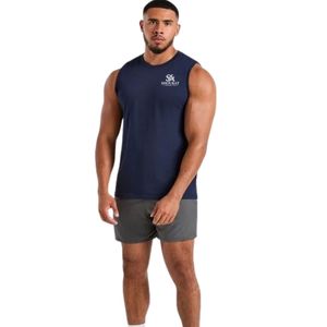 Mens <b>Navy</b> Blue Sleeveless Tank <b>Top</b> Crew Neck Gym Workout Shirt Athletic Fitness Training Sportswear Casual Activewear Running - Product Image 3