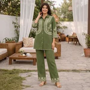 Ensemble en coton brodé vert pour femmes, manches trois quarts, coupe ample, pantalon long, tenue décontractée printemps-été - Product Image 4