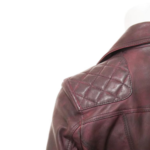 Women's Burgundy Genuine Leather Moto Jacket With Zipper Closure And Pockets Autumn Style - Product Image 4