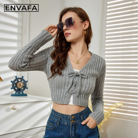 Pull-over cardigan en crochet à col en V pour femme, court, décontracté, doux, respirant, léger, confortable, 100% polyester, printemps